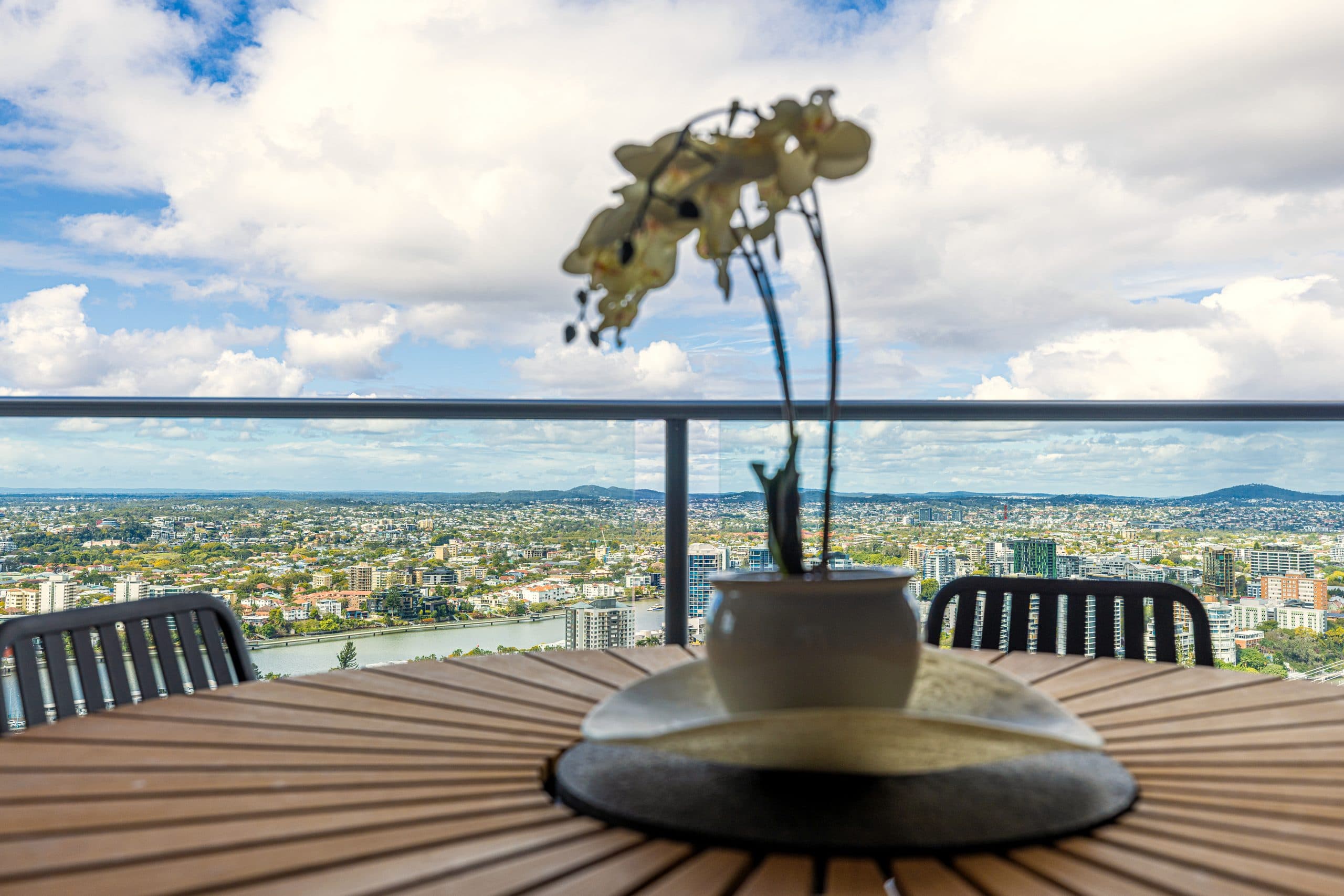 Orchid on a balcony table overlooking the Brisbane River
